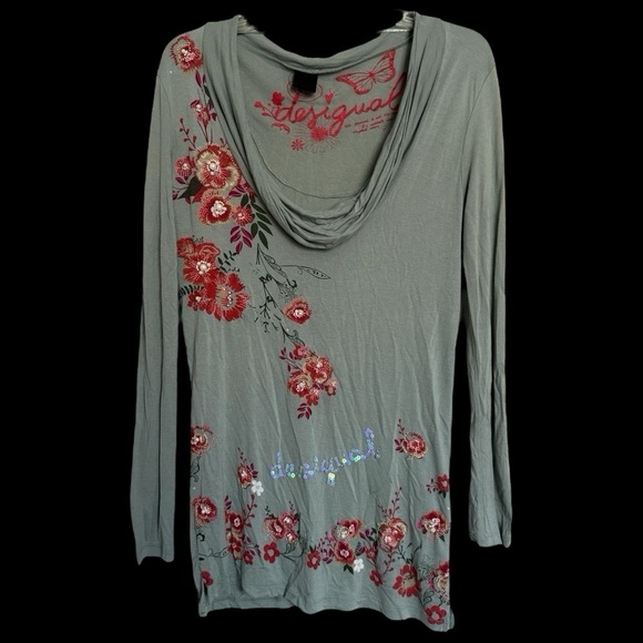 Desigual Floral Cowl Neck Long Sleeve Tunic Top Size M Sequins Ethereal Fairy - Picture 1 of 10
